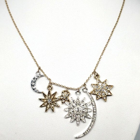 LC Celestial Pendent Necklace Moon Stars Starburst Gold Silver Tone Rhinestones - Picture 2 of 6